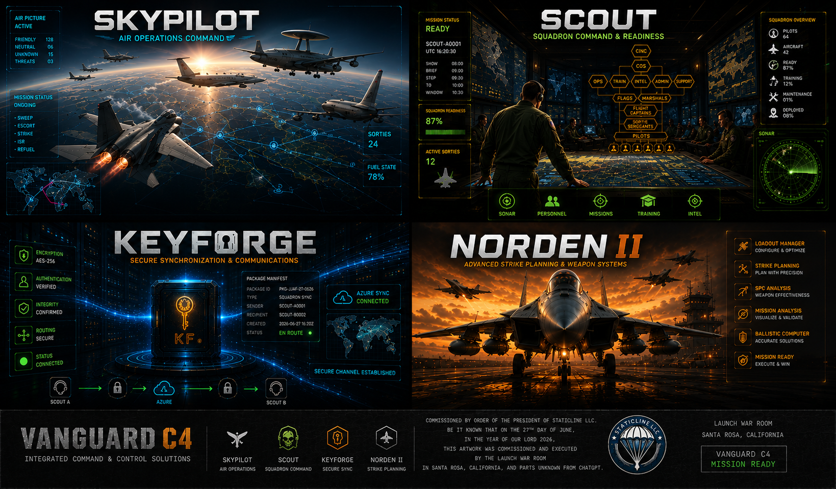 Vanguard C4 system overview showing SkyPilot, GI SCOUT, KEYFORGE, and NORDEN II